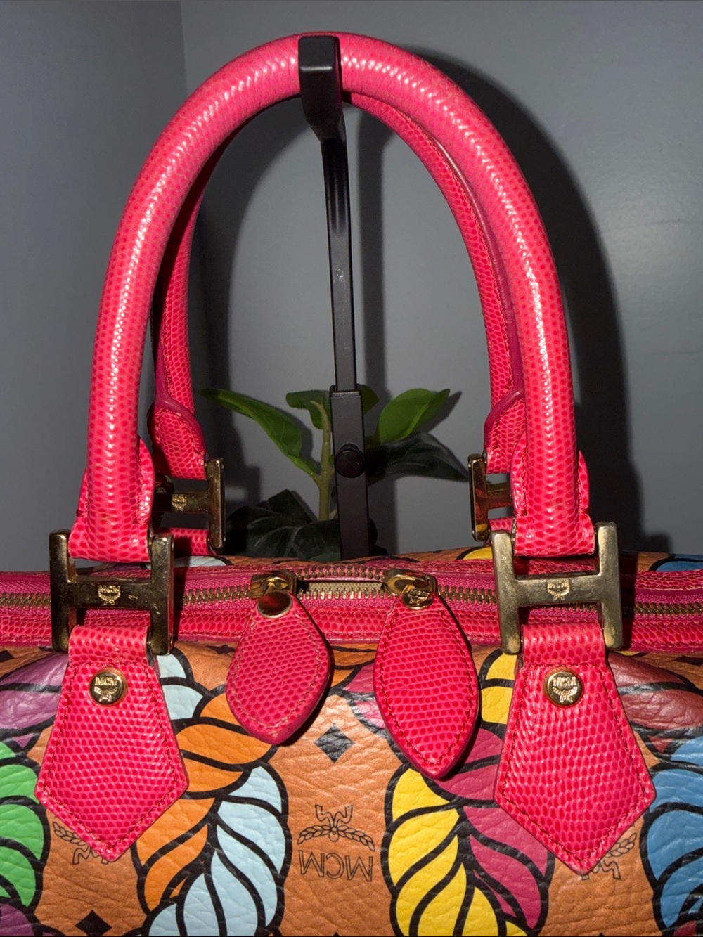 Preloved. Limited edition MCM Multicolor Rope-Print Leather Satchel - Pink Trim - Picture 3 of 16